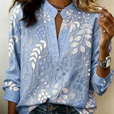 Blouse with Floral Print and Stand-Up Collar