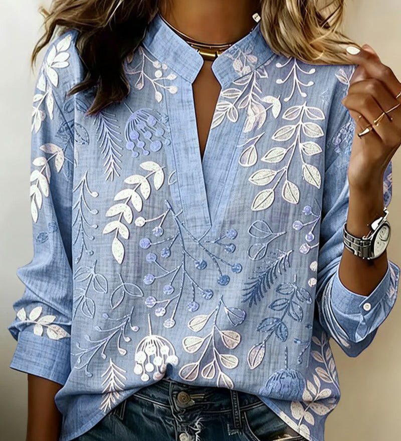 Blouse with Floral Print and Stand-Up Collar