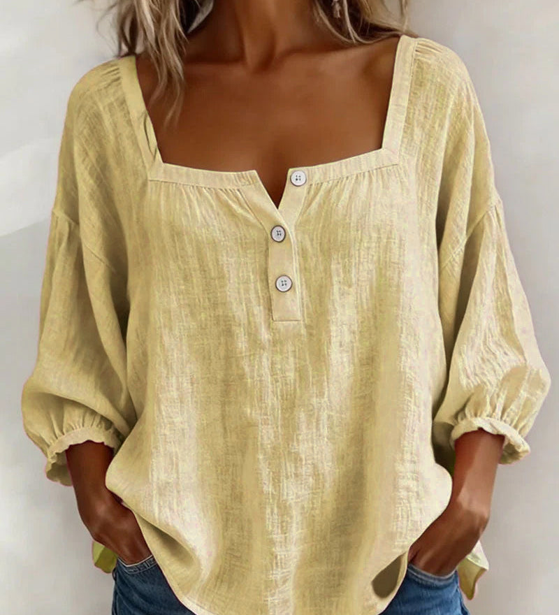 Solid Button-Neck Relaxed Blouse