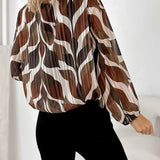 Artistic Leaf Print Pleated Long-Sleeve Blouse