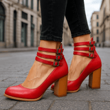 Eye-Catching Vibrant Triple-Strap Block Heel Pumps