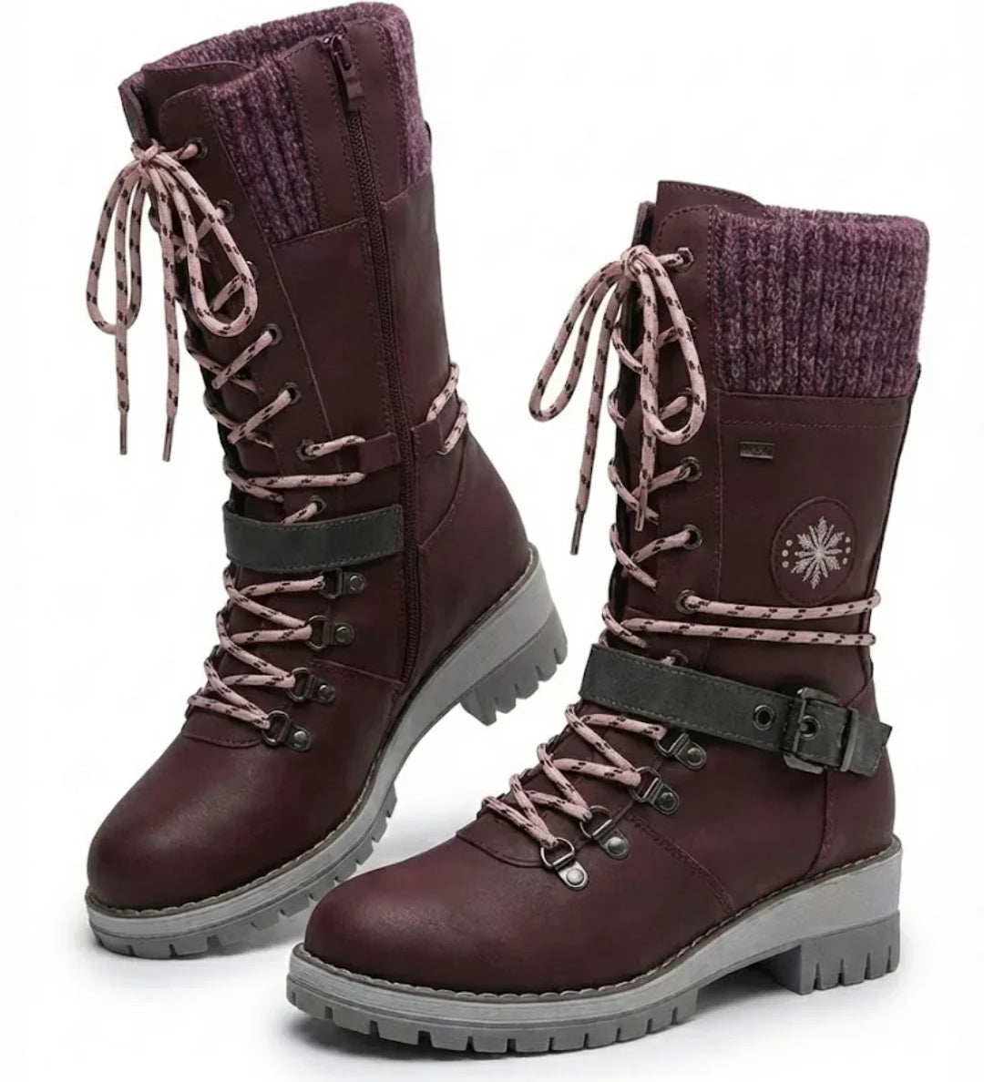 Cordelia™ | Knit-cuff buckle-strapped lace-up hiking boots