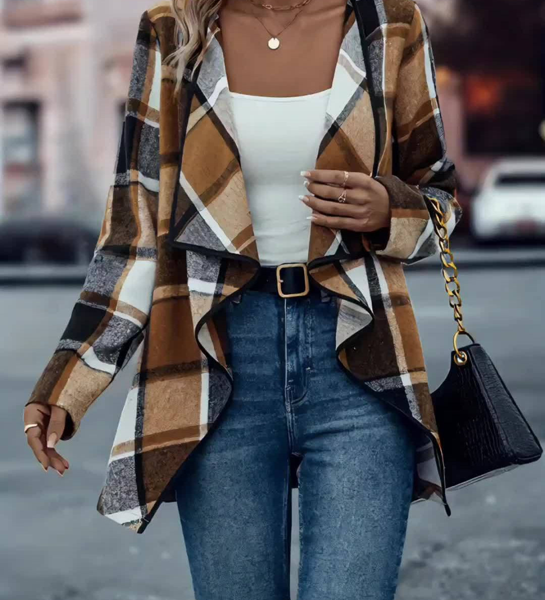 Yousra™ | Plaid Open-Front Waterfall Cardigan