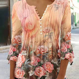 Floral Pintuck Bell Sleeve Blouse