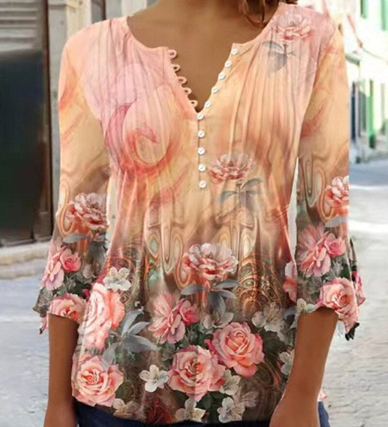 Floral Pintuck Bell Sleeve Blouse
