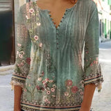 Floral Pintuck Bell Sleeve Blouse