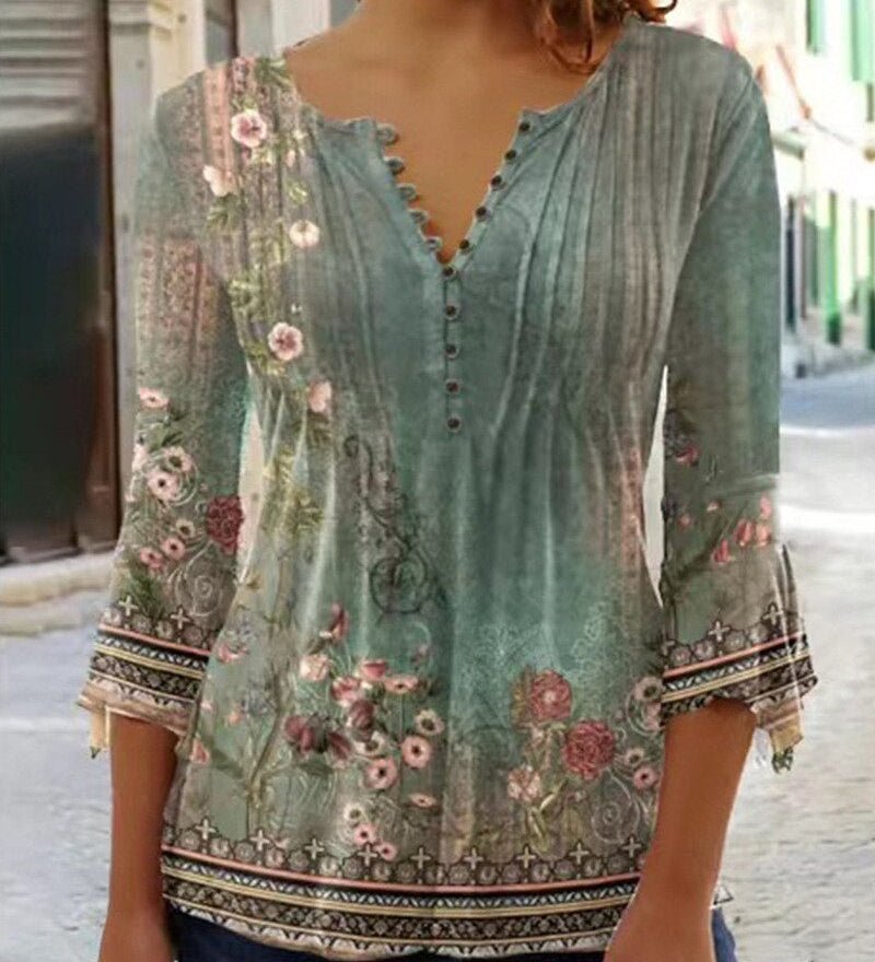 Floral Pintuck Bell Sleeve Blouse