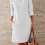 Pocket-Front Casual Linen Henley Midi Dress