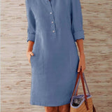 Pocket-Front Casual Linen Henley Midi Dress
