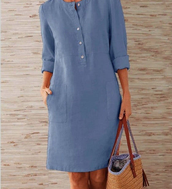 Pocket-Front Casual Linen Henley Midi Dress