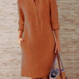 Pocket-Front Casual Linen Henley Midi Dress