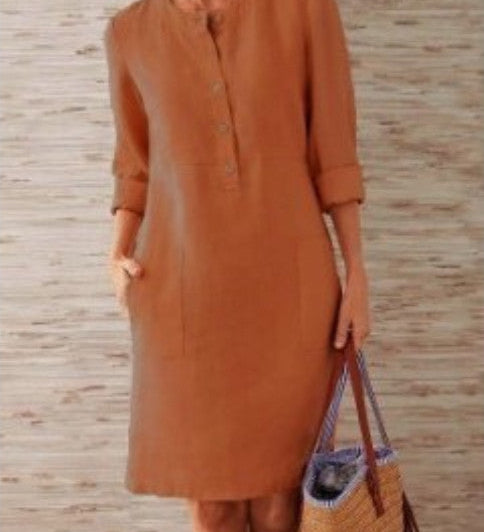 Pocket-Front Casual Linen Henley Midi Dress