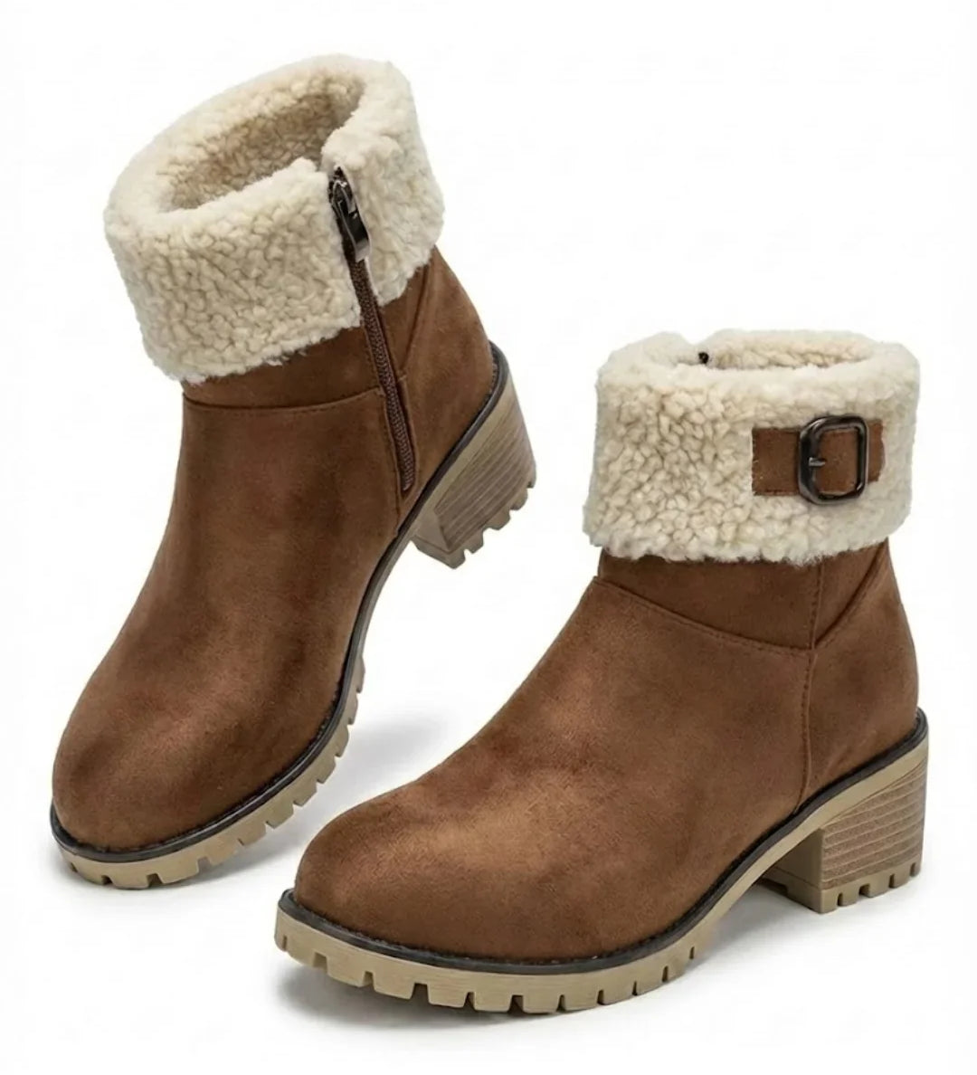 Mirella™ | Sherpa-cuff buckled side-zip heeled ankle boots