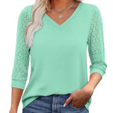 Lace-Sleeve Casual V-Neck Blouse
