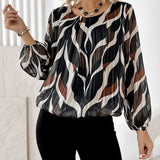 Artistic Leaf Print Pleated Long-Sleeve Blouse