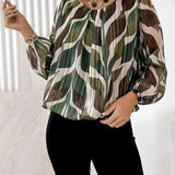 Artistic Leaf Print Pleated Long-Sleeve Blouse