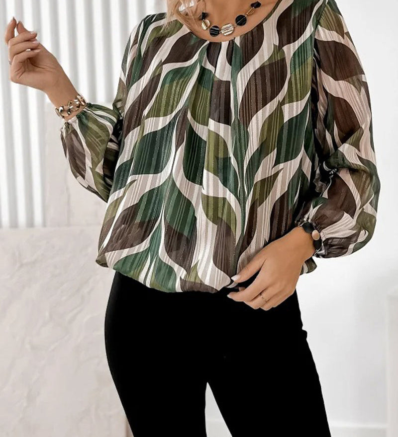 Artistic Leaf Print Pleated Long-Sleeve Blouse
