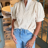Floral Textured Puff-Sleeve Henley Blouse