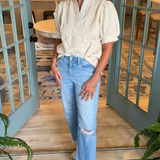 Floral Textured Puff-Sleeve Henley Blouse