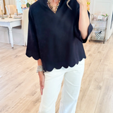 Scalloped-Hem V-Neck Short-Sleeve Blouse