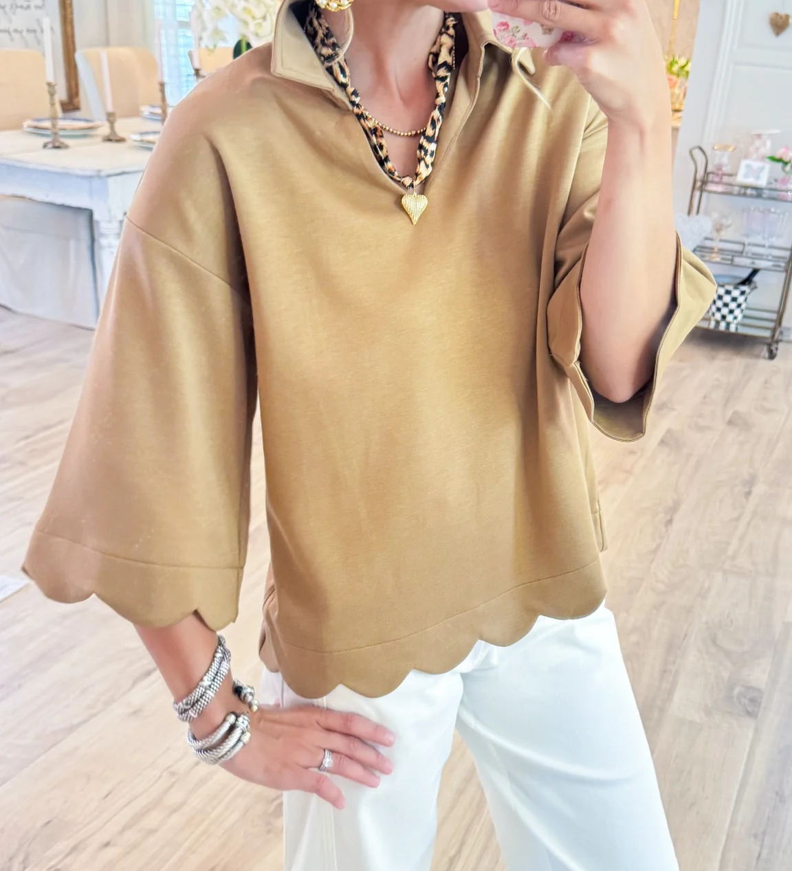 Scalloped-Hem V-Neck Short-Sleeve Blouse