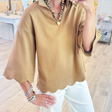 Scalloped-Hem V-Neck Short-Sleeve Blouse