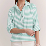 Gingham Back-Button Mixed-Pattern Blouse