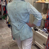 Gingham Back-Button Mixed-Pattern Blouse
