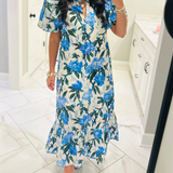 Blue Floral Puff-Sleeve Ruffle Maxi Dress