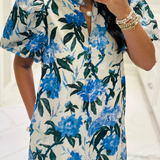 Blue Floral Puff-Sleeve Ruffle Maxi Dress