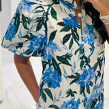 Blue Floral Puff-Sleeve Ruffle Maxi Dress