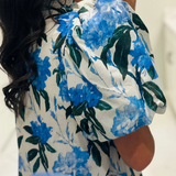 Blue Floral Puff-Sleeve Ruffle Maxi Dress