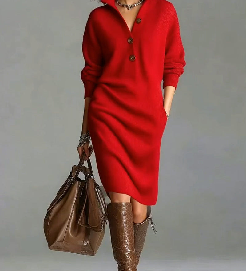 Rosetta™ | Ribbed Knit Button-Front Polo Sweater Dress