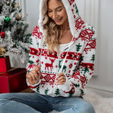 noelle™ | Festive Reindeer-Print Hooded Zip-Up Hoodie