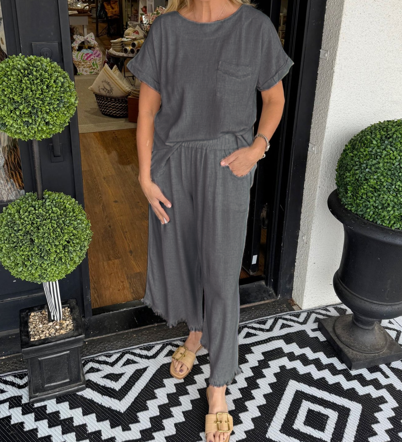 Raw Hem Wide Leg Pant Set