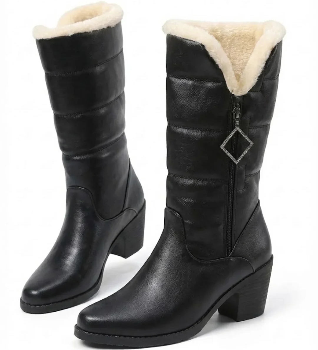 Beryl™ | Faux-fur cuff side-zip heeled knee-high boots