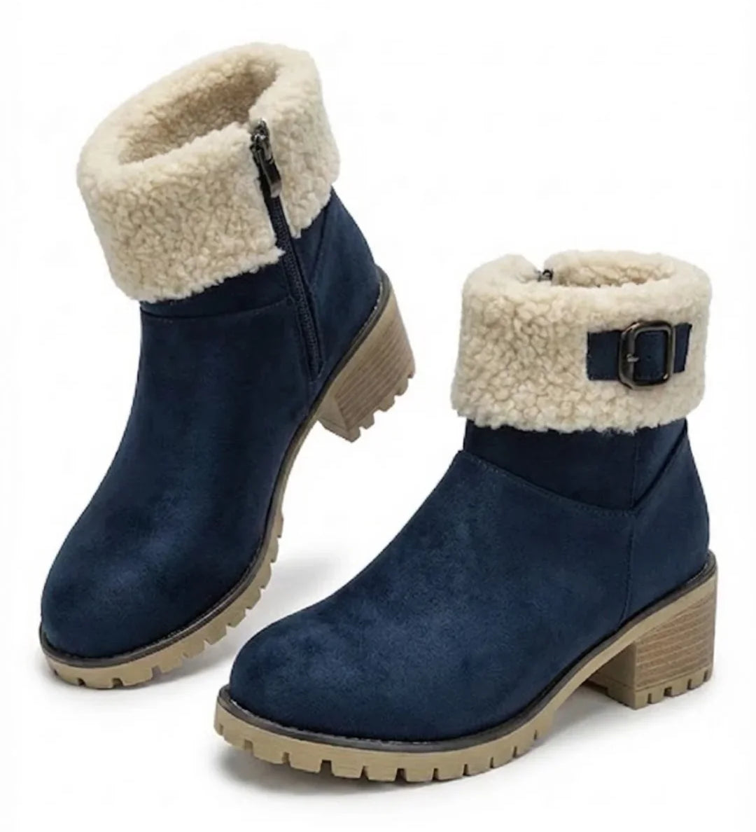 Mirella™ | Sherpa-cuff buckled side-zip heeled ankle boots