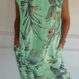 Breathable Tropical Print Side-Pocket Shift Dress