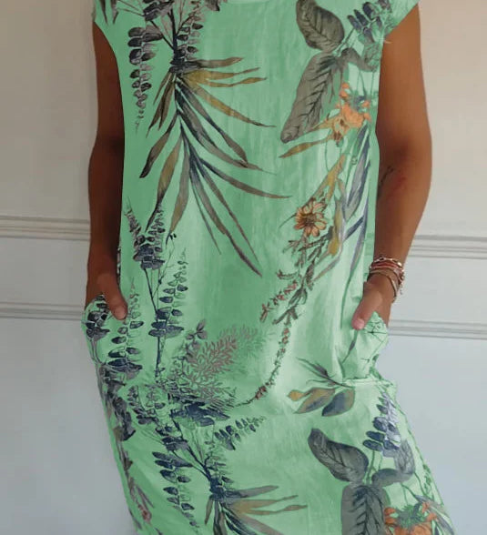 Breathable Tropical Print Side-Pocket Shift Dress
