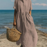 Pleated Boho Linen Button Maxi Dress