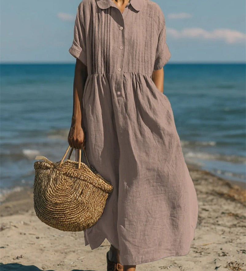 Pleated Boho Linen Button Maxi Dress