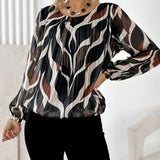 Artistic Leaf Print Pleated Long-Sleeve Blouse