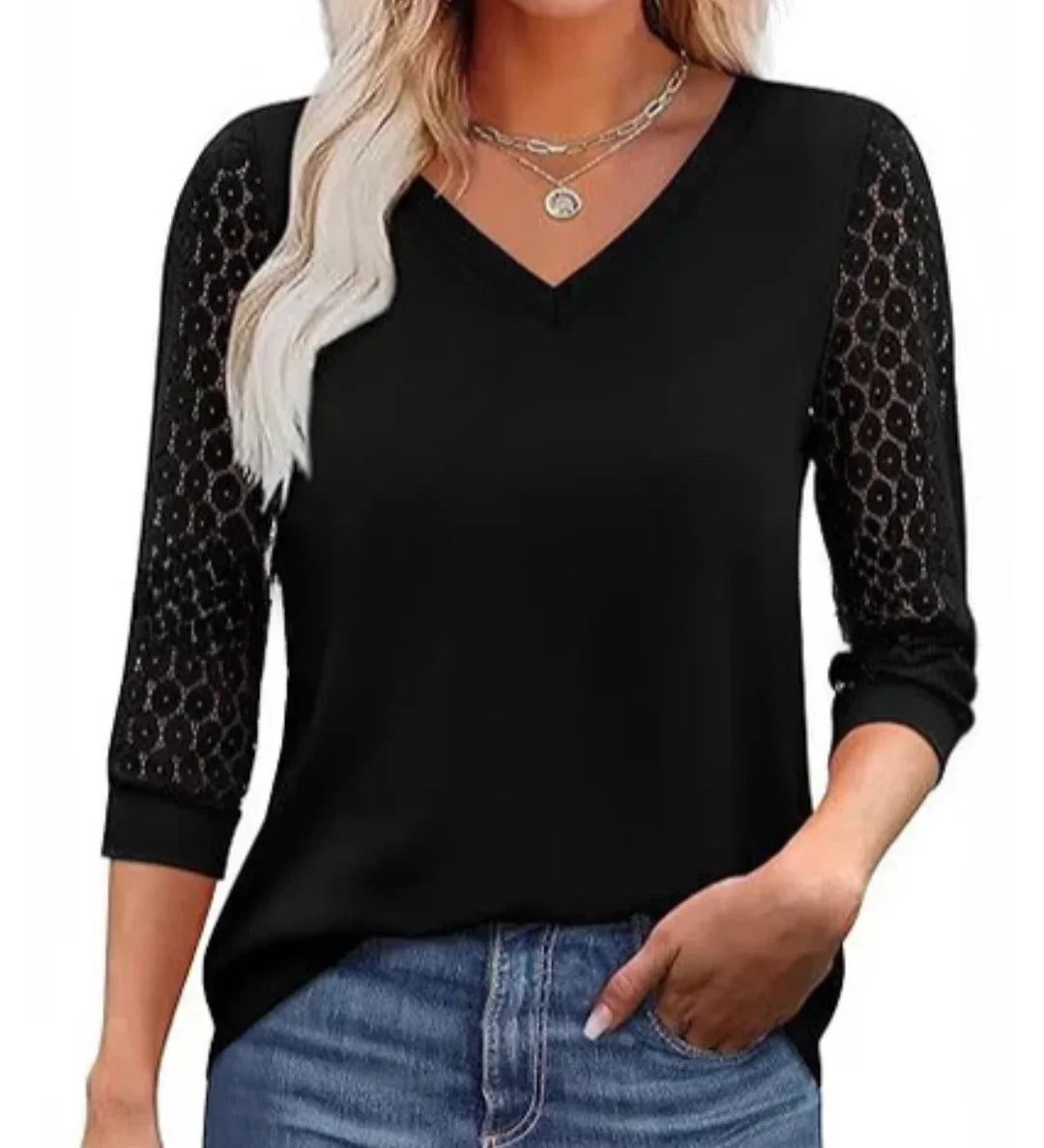 Lace-Sleeve Casual V-Neck Blouse
