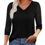 Lace-Sleeve Casual V-Neck Blouse