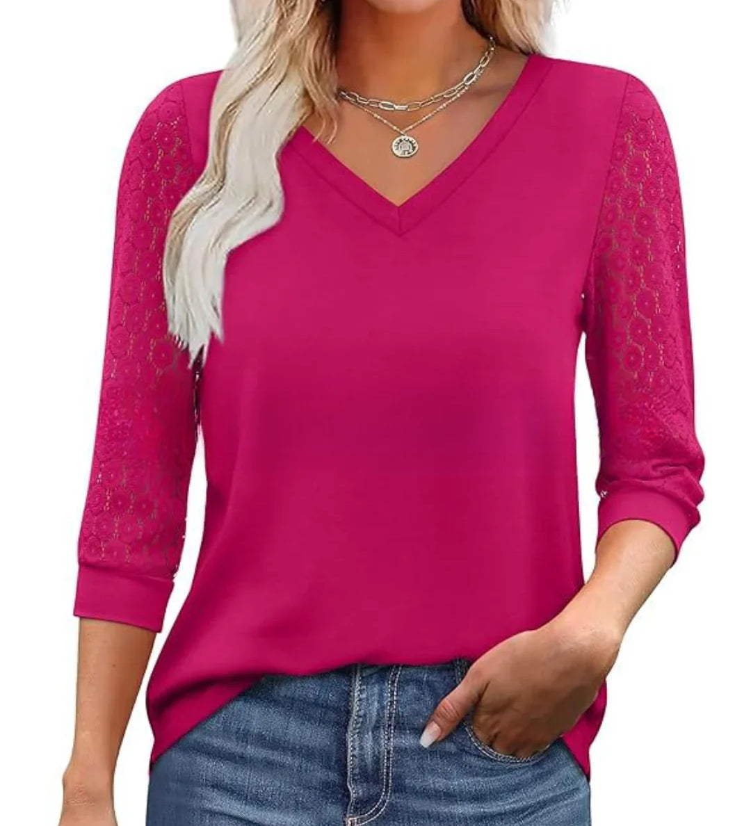 Lace-Sleeve Casual V-Neck Blouse