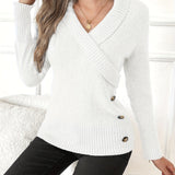 Barbara™ | Ribbed-Hem Side-Button Wrap V-Neck Sweater