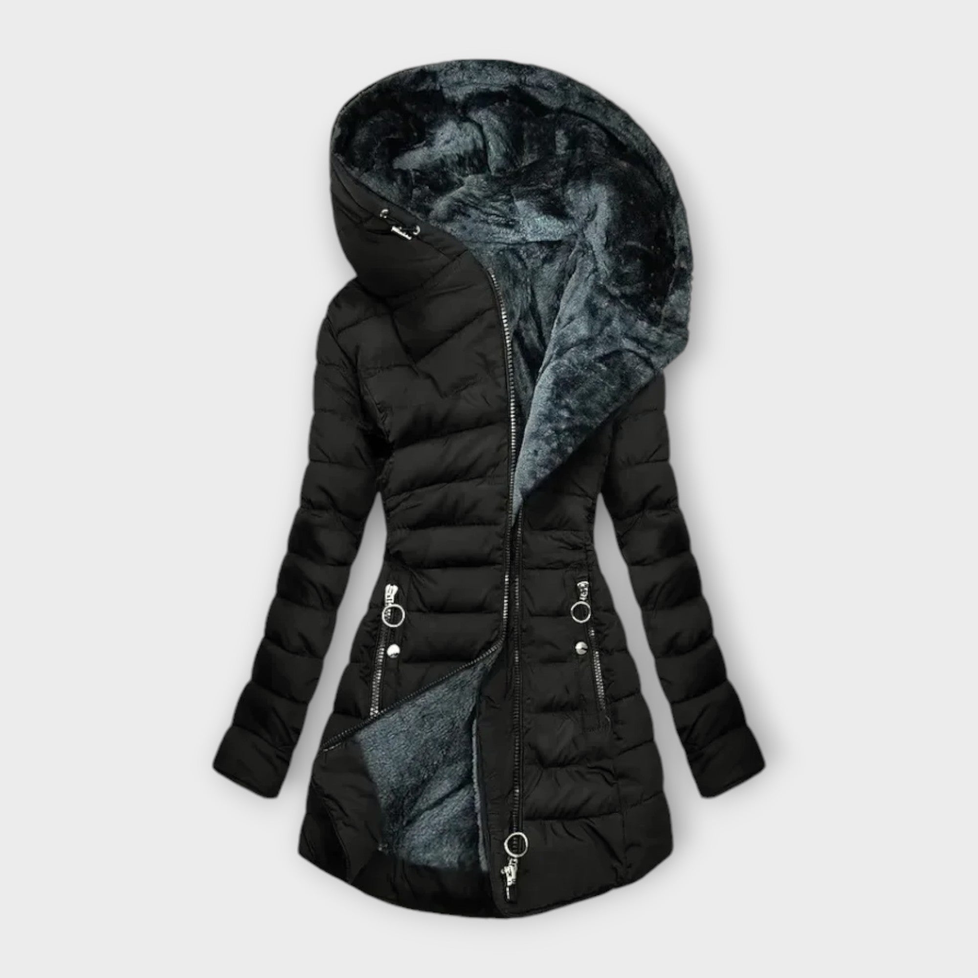 Fabienne™ | Fleece-Lined Hooded Asymmetric-Zip Puffer Coat