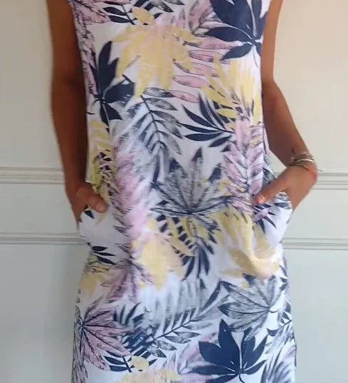 Breathable Tropical Print Side-Pocket Shift Dress