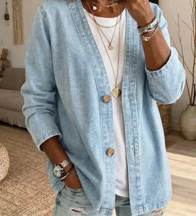 Button-Front Casual Oversized Denim Jacket