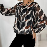 Artistic Leaf Print Pleated Long-Sleeve Blouse